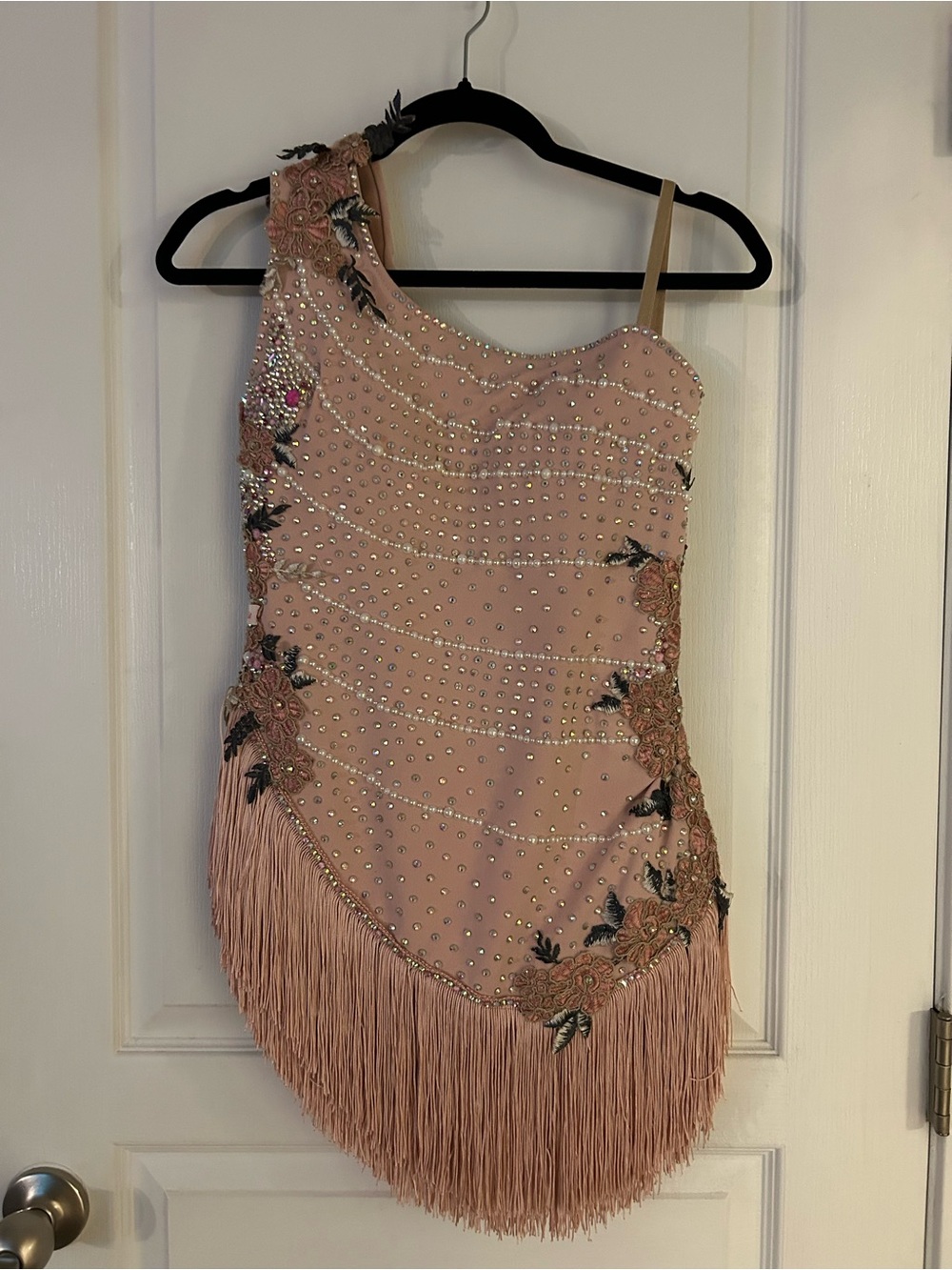 Embellished One-Shoulder Pink Fringe Dress